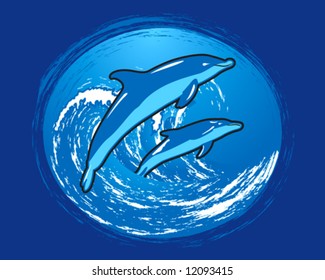 Dolphins jumping out over big waves in the ocean