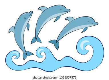 Dolphins jumping out of the sea, vector illustration of three dolphins isolated on white background