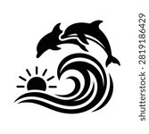 Dolphins Jumping Over Ocean Wave at Sunrise Silhouette Vector Illustration, dolphin