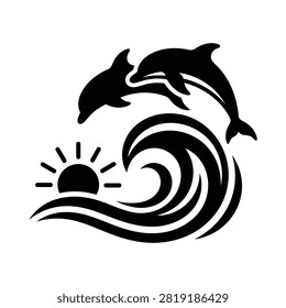 Dolphins Jumping Over Ocean Wave at Sunrise Silhouette Vector Illustration, dolphin