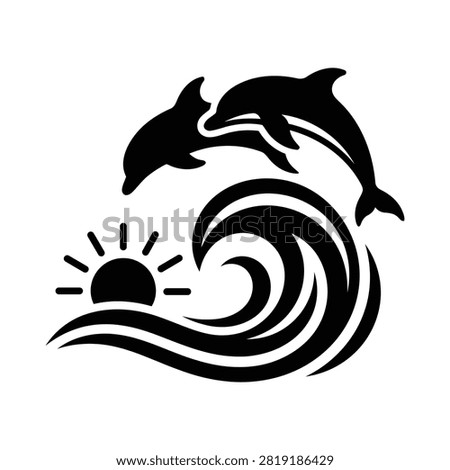 Dolphins Jumping Over Ocean Wave at Sunrise Silhouette Vector Illustration, dolphin
