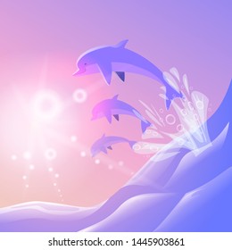 Dolphins jumping over the sea waves . Sunset sky.  Vacation concept. Vector illustration.