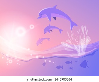 Dolphins jumping over the sea waves . Sunset sky.  Vacation concept. Vector illustration.