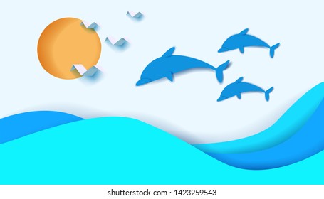 Dolphins jumping over the waves. Seagulls flying.  Sea Scene. Paper cut art.