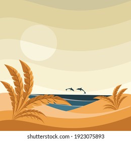 Dolphins jumping in the sea.  Beach.  Vector illustration.