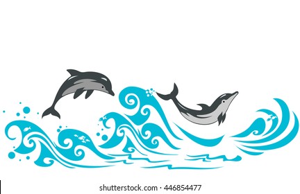 Dolphins jumping in sea waves