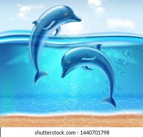 Dolphins jumping Vector realistic. Beautiful couple dolphine sea background