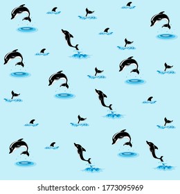 Dolphins are jumping in the waves. Pattern with black dolphins. Blue background