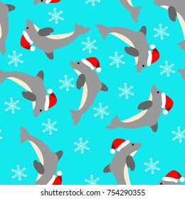 Dolphins jumping wearing santa hats seamless repeating Christmas background pattern. Vector format. Snowflakes in background