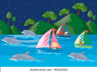 Dolphins and kids in the ocean illustration