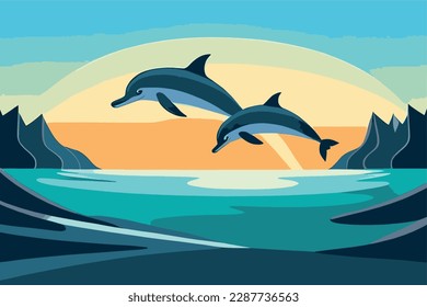 Los delfines saltan del océano. Un rebaño de delfines. Estilo de caricatura. Ilustración vectorial.