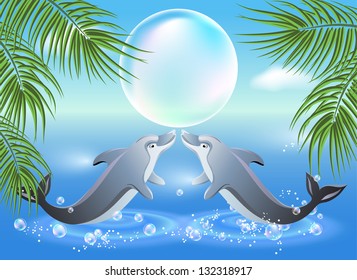 Dolphins leaps from water on the background of clouds and palms