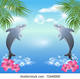 Dolphins leaps from water on the background of clouds and palms