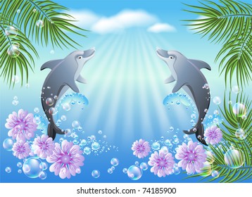 Dolphins leaps from water on the background of clouds and palms