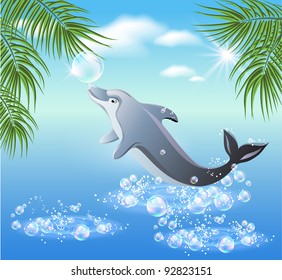 Dolphins leaps from water on the background of clouds and palms