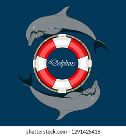 Dolphins and a lifebuoy. Vector image on blue background.