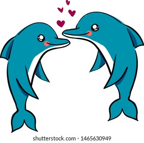 Dolphins in love, illustration, vector on white background.