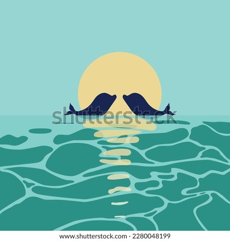Dolphins in love on the background of a full moon. The texture of the water.
