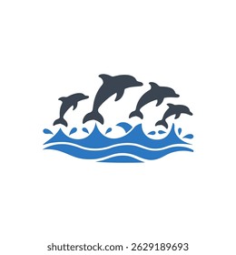 Dolphins Ocean Waves Icon Isolated On White Background