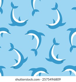 Dolphins on blue background. Vector seamless pattern.