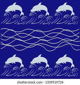 Dolphins on a blue background with waves