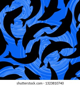 Dolphins on Blue Ocean Whirlpools Seamless Pattern Vector Design