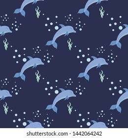 Dolphins on a dark blue background, seamless pattern. Creative kids texture for fabric, wrapping, textile, wallpaper.