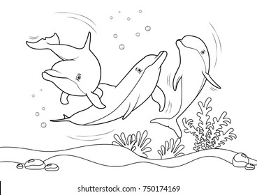 Dolphins on the sea, line illustration for coloring books