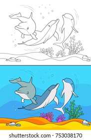 Dolphins on the sea, line illustration for coloring book