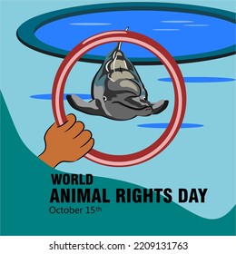 Dolphins out of the pool prepare for the attraction with the circle gripped. World animal rights day, October 15th. Vector design of symbols, banners.