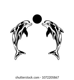 Dolphins playing with a ball. Black and white illustration of dolphins. Flat design.