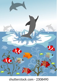 dolphins playing tropical fish below