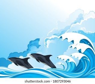 Dolphins or porpoises leaping out of the water in front of ocean waves set against a blue cloudy sky