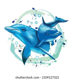 Dolphins realistic cartoon. Family dolphins. Watercolor. Wall stickers