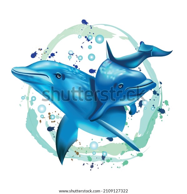 Dolphins realistic cartoon. Family dolphins.\
Watercolor. Wall\
stickers