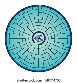 Juego de laberinto redondo del delfín (ayudar al delfín encontrar la manera de salir del laberinto - rompecabezas del Vector del laberinto)