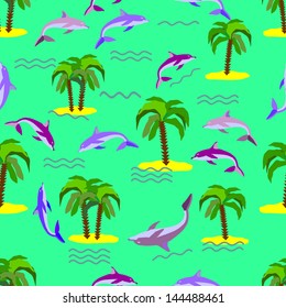 Dolphins in the sea of the island with palm trees,