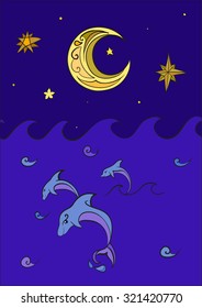 Dolphins in the sea at night. Abstract vector hand drawn decorative calligraphy stylized vintage ornate multicolored cartoon illustration.
