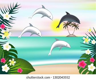 Dolphins sea sun background
