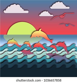 dolphins in the sea vector paper cutting art style