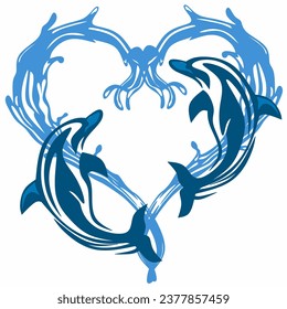 Dolphins and sea waves in heart shape - vector silhouette drawing for logo T-shirt design. marine mammals jumping over the waves icon or sign.