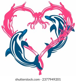 Dolphins and sea waves in heart shape