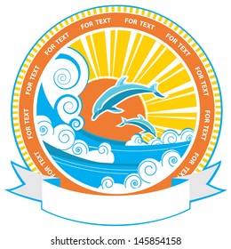 Dolphins in sea waves.Vector nature seascape label and scroll background for text 