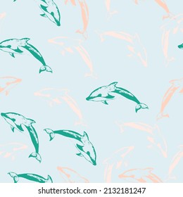 Dolphins seamless background.  Childish animals in cartoon style.