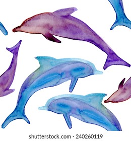 Dolphins seamless background. Hand painted watercolor pattern with stylized blue dolphin. Wallpaper, watercolor fabric, blue wrapping ornamentswatercolor fabric, blue wrapping ornaments.