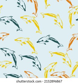 Dolphins seamless background.  Sea Underwater Creatures Background with Abstract Elements for Decoration.