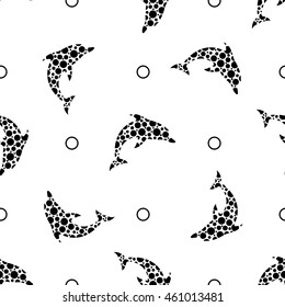 Dolphins seamless pattern background vector. Jumping dolphins monochrome with   ball. 