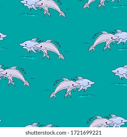 Dolphins seamless pattern. Marine background for fabric, print, wallpaper, baby clothes.