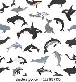 Dolphins seamless pattern. Marine mammals collection. Cartoon flat style design. Vector illustration