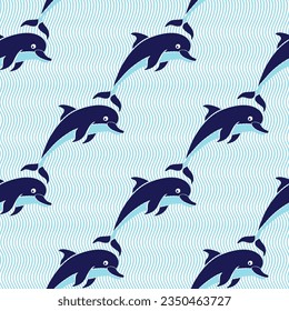 Dolphins. Seamless vector pattern with dolphins on wave background. Perfect for design templates, wallpaper, wrapping, fabric and textile.